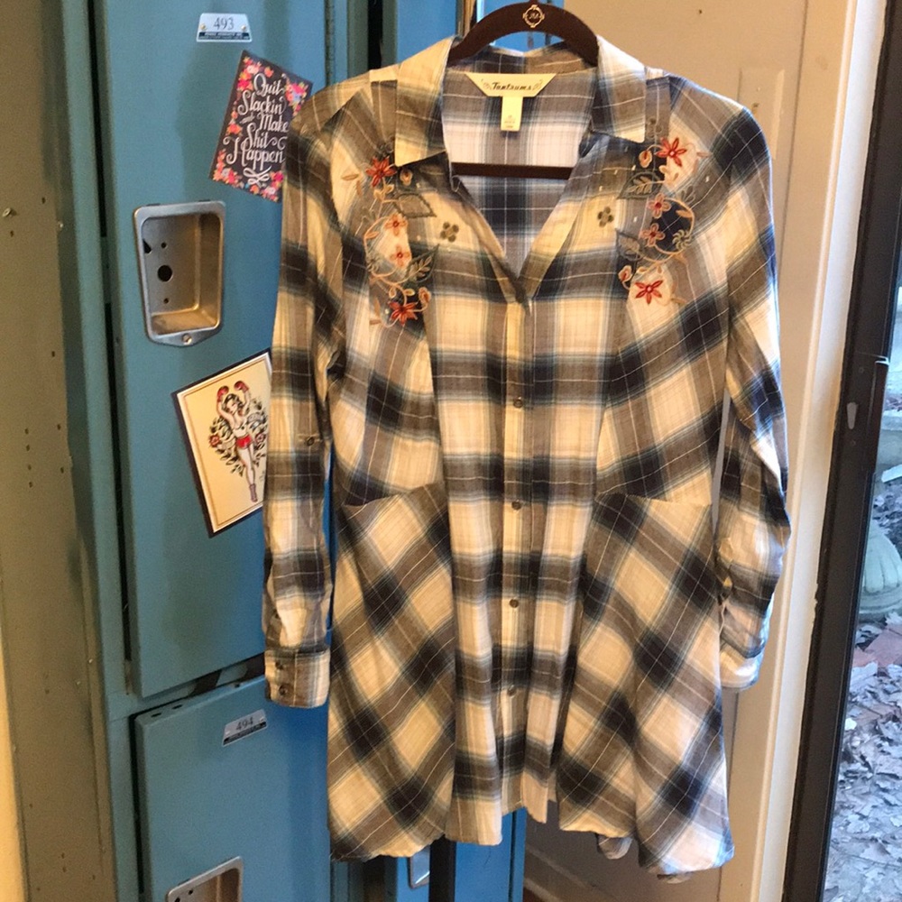 Plaid Embroidered Button Up Shirt/Dress/Jacket π - Picture 1 of 8